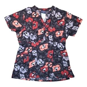 Sanibel Floral Scrub Top Gray Red Front Pockets Size Medium